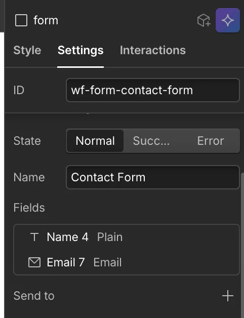 Webflow — Settings tab, Send to section