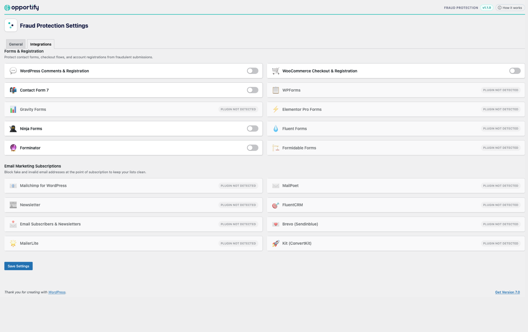 General settings tab: API credentials and global protection configuration.