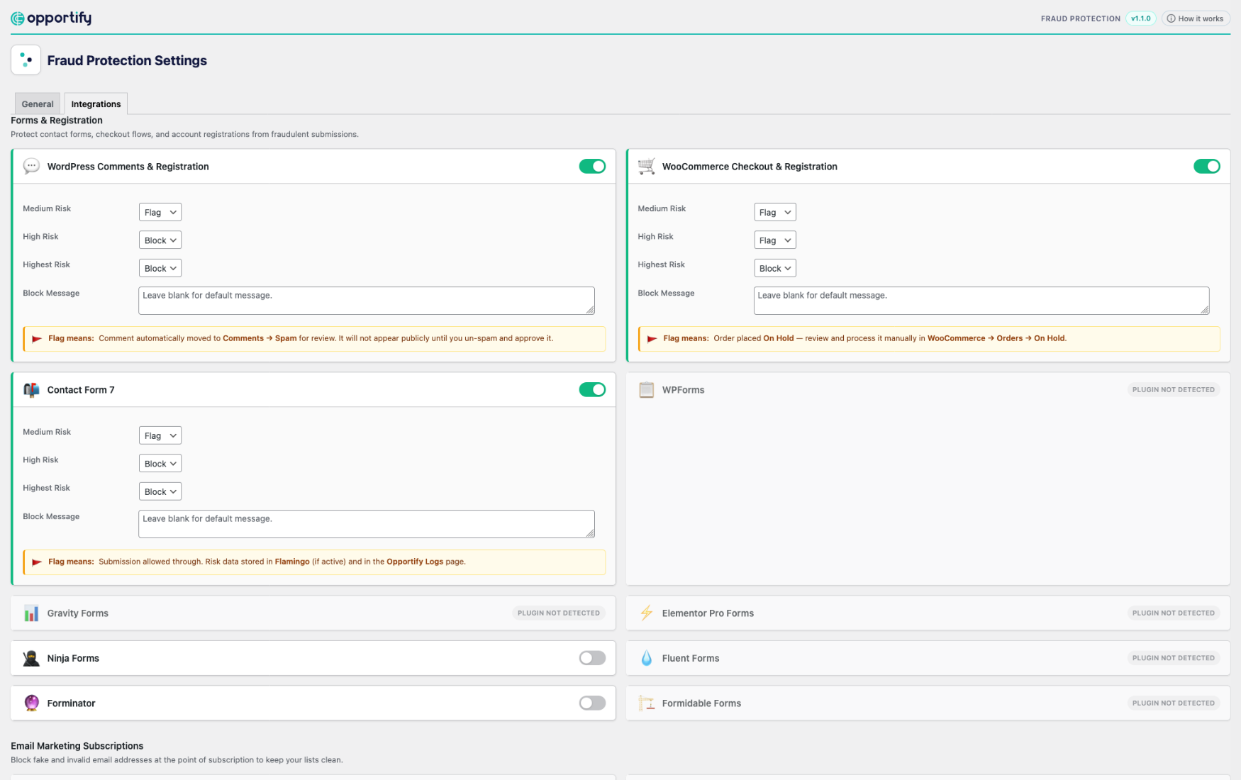 Integrations tab controls: Per-integration allow, flag, and block action settings.